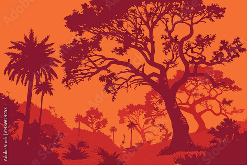 3 abstract landscape, surreal, tropical trees, vibrant orange sky, dramatic lighting, digital art style, photorealistic, highly detailed, epic, cinematic