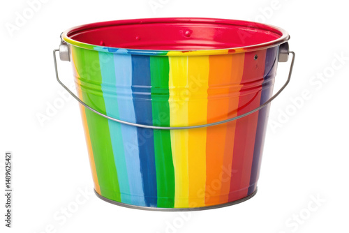 PNG Colorful rainbow striped metal bucket with handle on white background