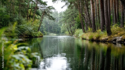 Scenic view of lake in pine forest around beautiful landscape concept. A serene forest scene with a tranquil river reflecting trees.