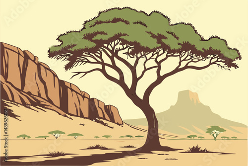 4 a majestic tree in a desert landscape, with rocky cliffs in the background, vibrant green foliage, textured bark, and a sense of solitude and tranquility, digital painting, highly detailed, cinemati