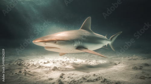 Wallpaper Mural Large shark swimming in deep ocean water with sandy seabed and dark aquatic background, realistic marine life scene, underwater predator illustration Torontodigital.ca