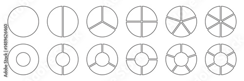 Circle division infographic icon set. Pie chart divided. Color pizza or donut round diagram. Infographic wheel segment and fraction. Vector illustration isolated on white background. EPS 10.