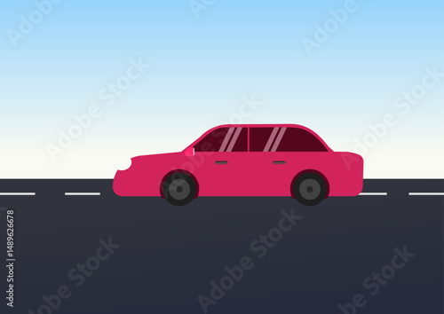 pink car on the road vector illustration design. car driving illustration on a pleasant day, with blue sky.