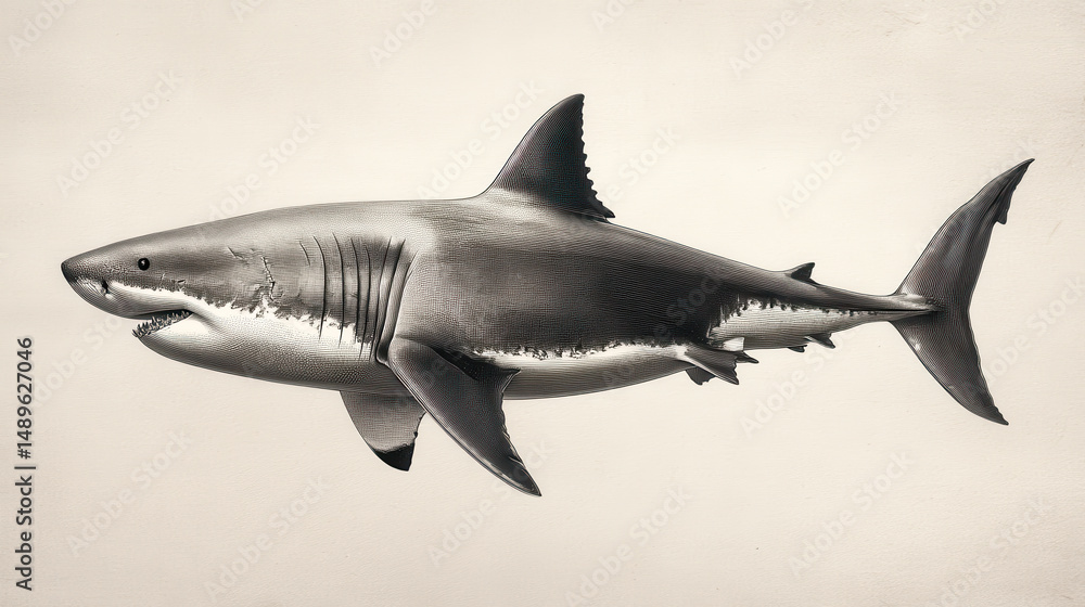 Obraz premium Large shark swimming in open water with streamlined body and teeth, marine predator known for its swift movements and role in ocean ecosystems