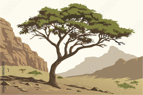 4 a majestic tree in a desert landscape, with rocky cliffs in the background, vibrant green foliage, textured bark, and a sense of solitude and tranquility, digital painting, highly detailed, cinemati