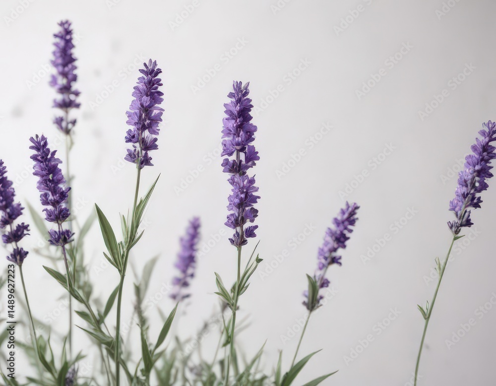 Obraz premium Vibrant purple lavender blossoms on crisp white backdrop, stockphoto, wedding