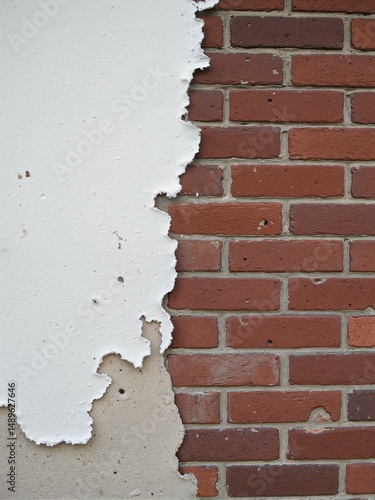 White peeling paint on red brick wall.