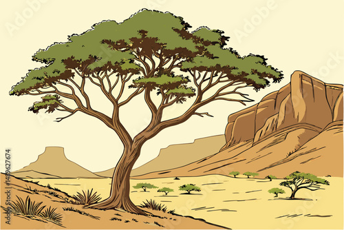 4 a majestic tree in a desert landscape, with rocky cliffs in the background, vibrant green foliage, textured bark, and a sense of solitude and tranquility, digital painting, highly detailed, cinemati