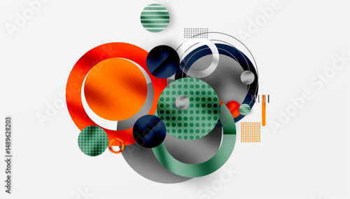 Abstract geometric shapes overlap, creating dynamic composition. Circles, lines, textures combine for modern visual effect.