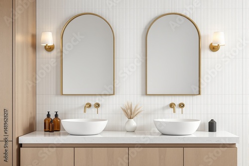 Wallpaper Mural Elegant bathroom with two white vessel sinks, gold faucets, arched mirrors, and modern lights on white tile wall, minimal interior design concept. Ai generative Torontodigital.ca