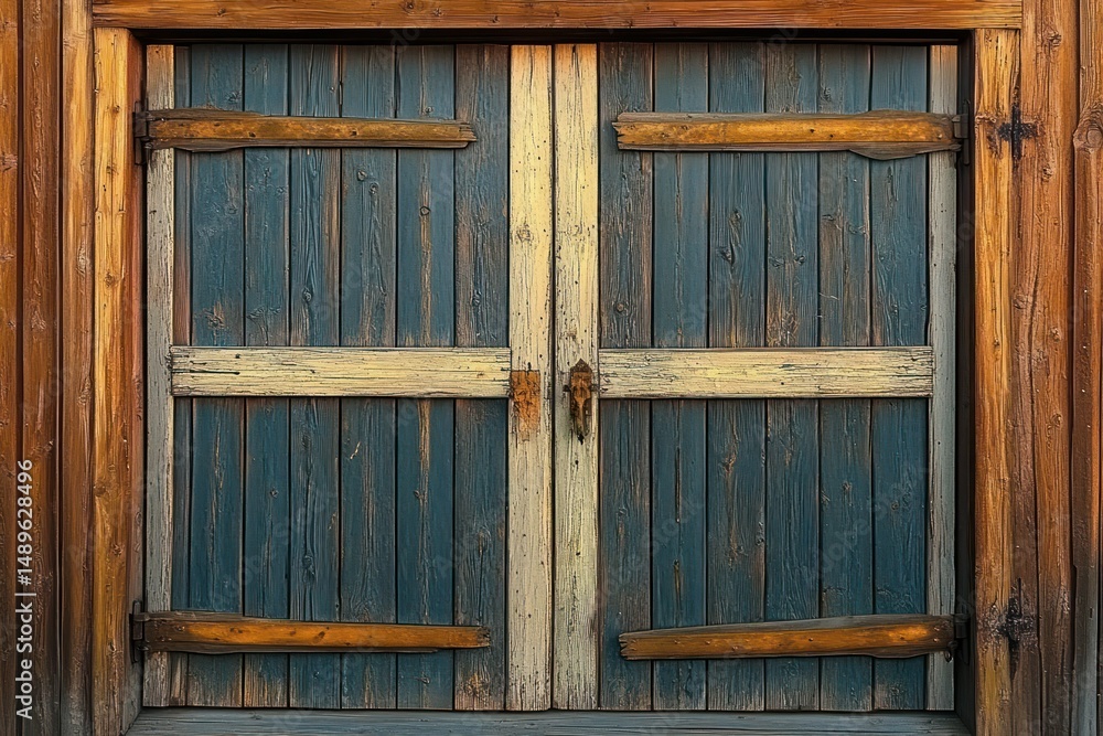 Rustic wooden double doors painted blue with weathered beige crossbars and surrounded by natural wooden frame, evoking a vintage and cozy atmosphere Rustic wooden double doors painted blue with weathered beige crossbars and surrounded by natural wooden frame, evoking a vintage and cozy atmosphere