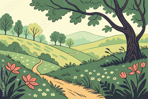 5 lush forest landscape,vibrant colors,winding path,fields of flowers,rolling hills,detailed foliage,whimsical style,digital art