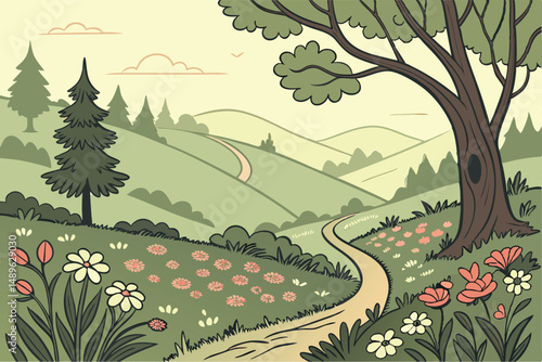 5 lush forest landscape,vibrant colors,winding path,fields of flowers,rolling hills,detailed foliage,whimsical style,digital art