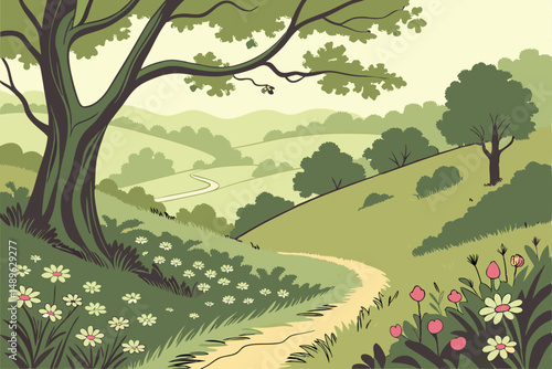 5 lush forest landscape,vibrant colors,winding path,fields of flowers,rolling hills,detailed foliage,whimsical style,digital art