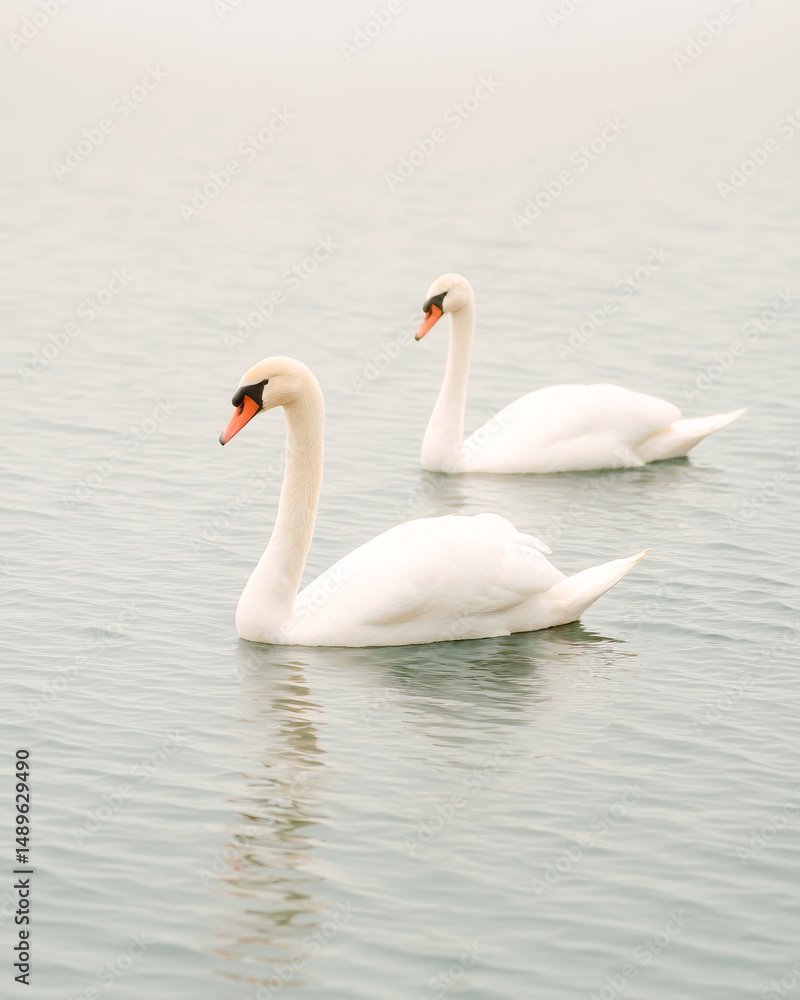 Two elegant white swans floating gracefully on calm water with soft light creating a serene and peaceful natural scene showcasing wildlife harmony and scenic tranquility Two elegant white swans floating gracefully on calm water with soft light creating a serene and peaceful natural scene showcasing wildlife harmony and scenic tranquility