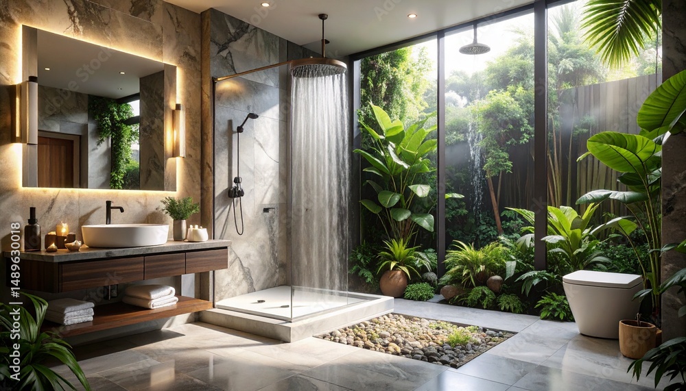 Fototapeta premium A luxury spa bathroom with a steam shower and marble details