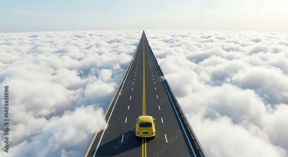 Naklejka premium Yellow Car on Highway Above Clouds