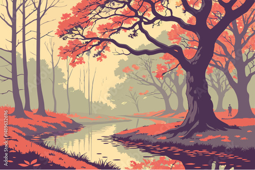 7 elegant autumn landscape, enchanted forest, mystical pond, vibrant colors, colorful trees, serene reflection, dreamlike scenery, intricate details, ethereal atmosphere, whimsical composition