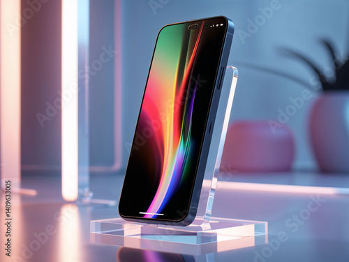 Premium Matte Black Smartphone on Acrylic Stand, Tech Product Studio Shot with Gradient Light Reflection