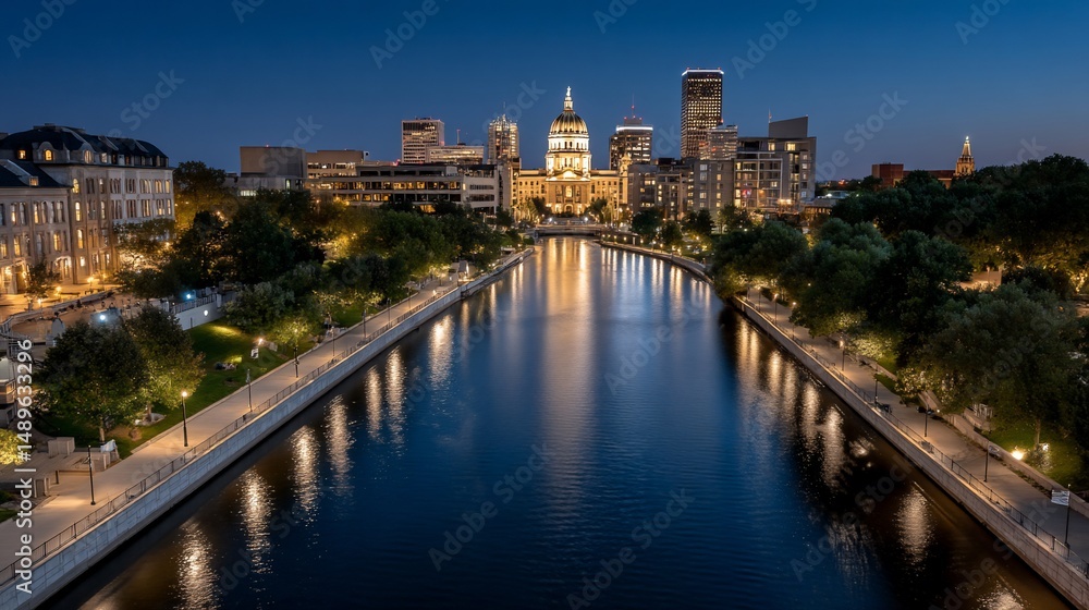 Obraz premium Illuminated capital cityscape reflecting in tranquil river at twilight