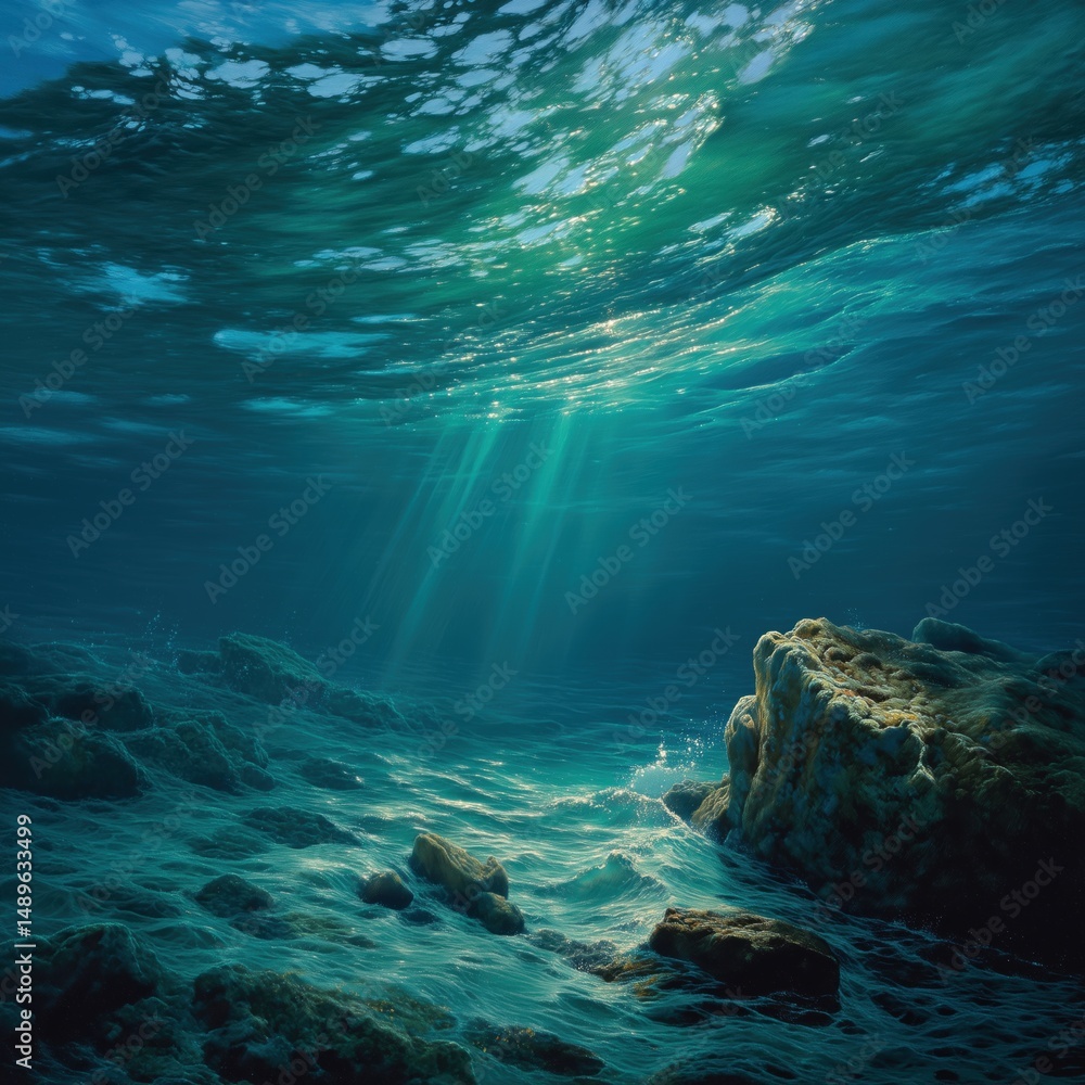 Obraz premium Photorealistic Underwater Scene Vibrant Ocean Depths with Sunbeams