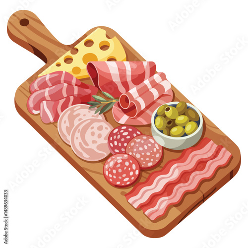 Gourmet platter of assorted cold cuts and cheese isolated vector illustration on white background