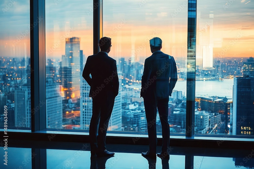 Two businessmen in suits looking out of a large office window at a city skyline during sunset, conveying a contemplative and professional atmosphere Two businessmen in suits looking out of a large office window at a city skyline during sunset, conveying a contemplative and professional atmosphere