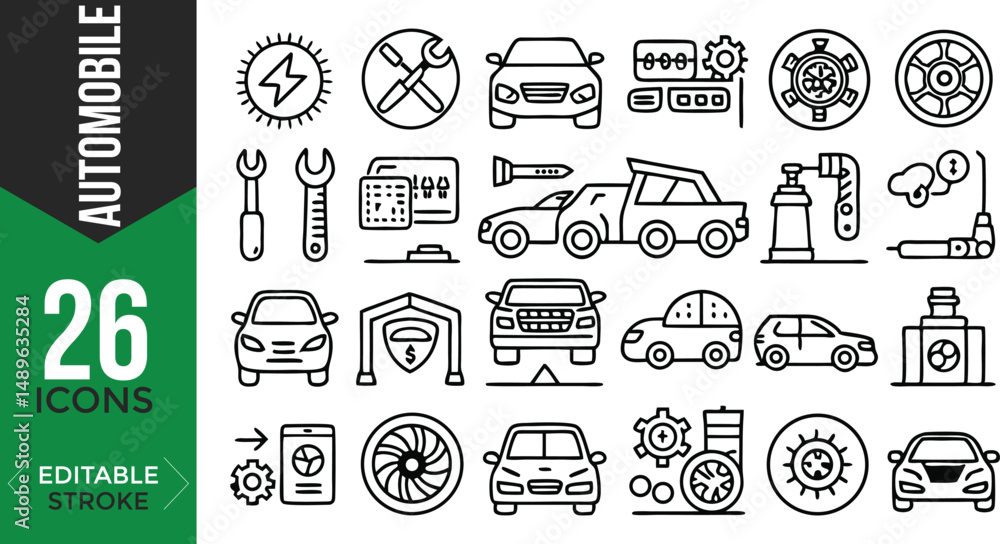 Fototapeta premium Automobile Line Icon Set – Editable Car, Vehicle & Auto Parts Vectors