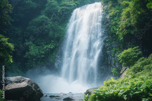 Powerful waterfall cascading down rocky cliff surrounded by lush green tropical foliage creating a serene natural scene