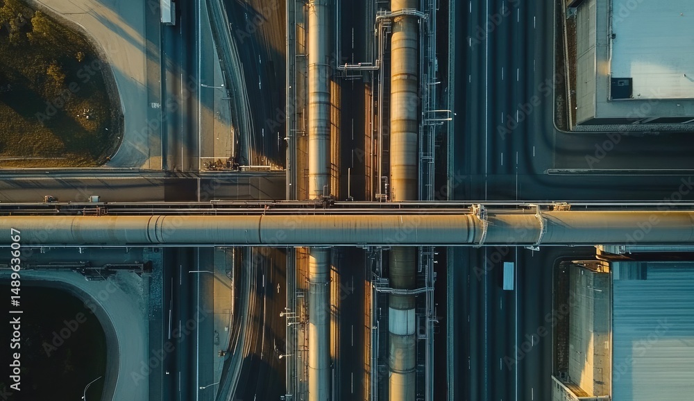 Obraz premium Industrial infrastructure network. Large pipes crisscrossing roads and urban areas, high-angle view