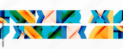 Abstract geometric shapes repeat horizontally. Vivid colors blend, creating dynamic visual rhythm. Clean lines define forms.