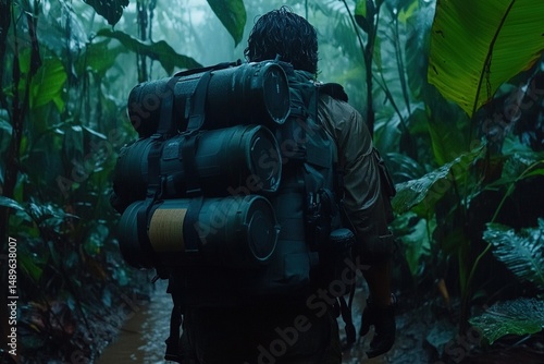 Hiker trekking through a dark lush jungle