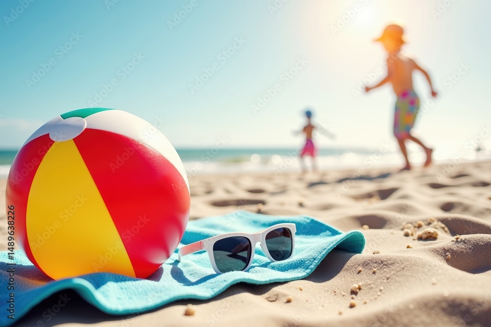 Obraz premium Colorful beach ball and sunglasses on sandy beach with children playing 