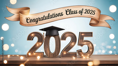 Class of 2025 concept. Wooden number 2025 with a graduate hat on a blue background with bokeh. Congratulatory banner. Freedom and Happy New Year. success in the future goal and passing time 