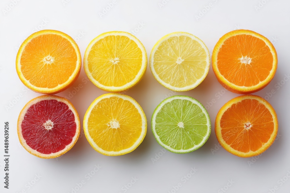 Fototapeta premium Colorful citrus fruits arranged in a vibrant pattern on a clean white surface