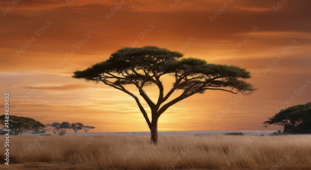 Obraz premium Majestic Silhouette of a Tree Against a Sunset in the Savanna