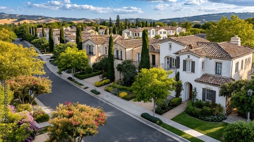 Picturesque suburban street lined with elegant homes