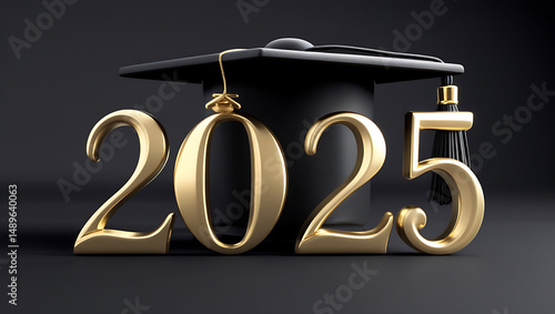 Gold text 2025 with graduation hat with tessel and gold confetti on black background. Theme of graduation concept 