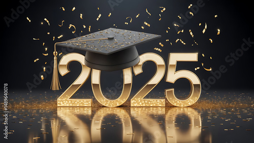  Gold text 2025 with graduation hat with tessel and gold confetti on black background. Theme of graduation concept