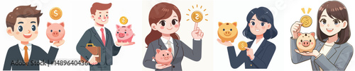 vector business people inserting coins into piggy bank
