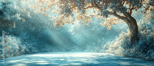 Sunlit clearing in a mystical, bluish forest.  Large tree branches overhang a snow-covered ground