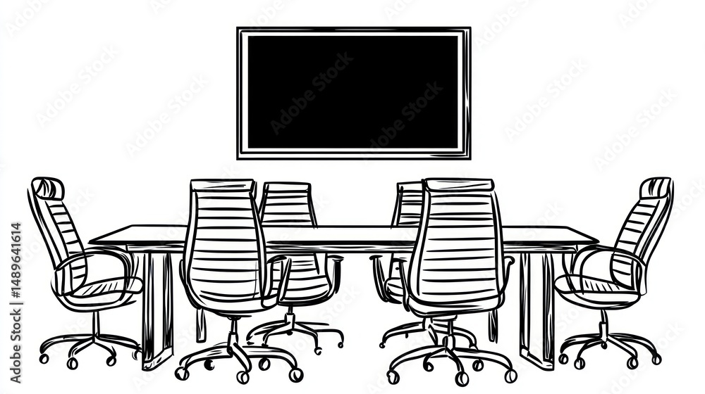 Fototapeta premium Sketch of empty conference room, meeting table, chairs, whiteboard
