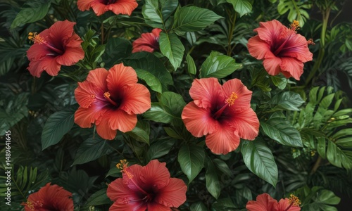 Wallpaper Mural Vibrant hibiscus blooms, lush green tropical foliage, exotic flowers ,  petals,  closeup Torontodigital.ca