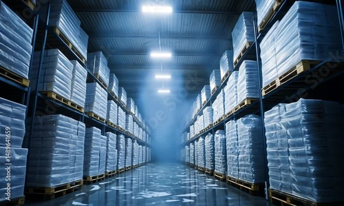 Vast Warehouse Inventory: Rows of Pallets, Cool Blue Lighting