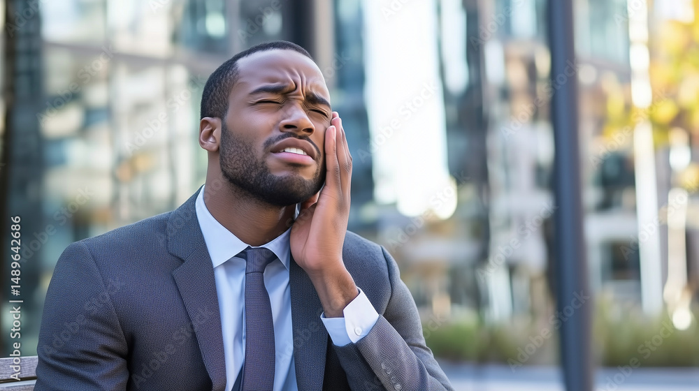 An African American businessman sits on a bench outside a modern office building, wincing in pain as he holds his hand over his jaw. His expression clearly shows discomfort, possib An African American businessman sits on a bench outside a modern office building, wincing in pain as he holds his hand over his jaw. His expression clearly shows discomfort, possib