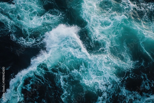 Turbulent ocean waves.  A close-up view of choppy water, displaying frothy waves and swirling patterns.  Dark teal water with white foam