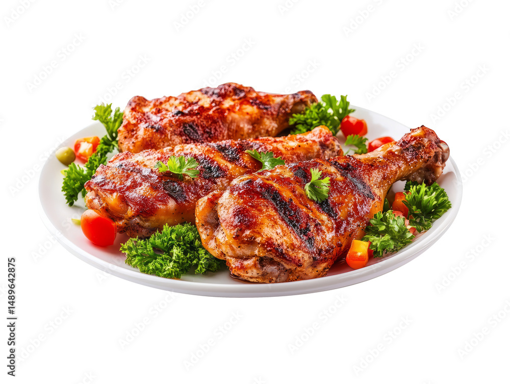 Plate of grilled chicken with vegetables isolated. Plate of grilled chicken with vegetables isolated.