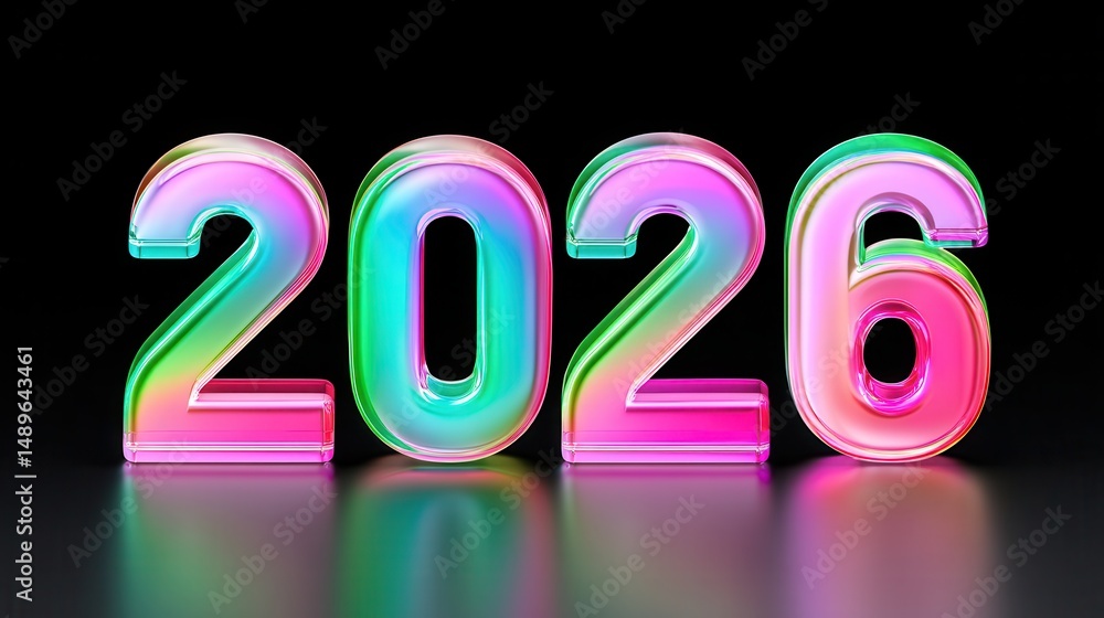 Colorful transparent numbers depict the year 2026 reflecting vibrant hues in a dark background. Christmas and New Year Colorful transparent numbers depict the year 2026 reflecting vibrant hues in a dark background. Christmas and New Year