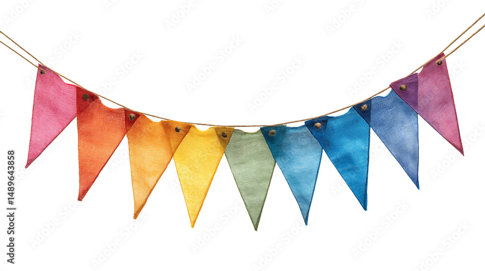 Obraz premium Rainbow Triangular Fabric Bunting on Twine, PNG