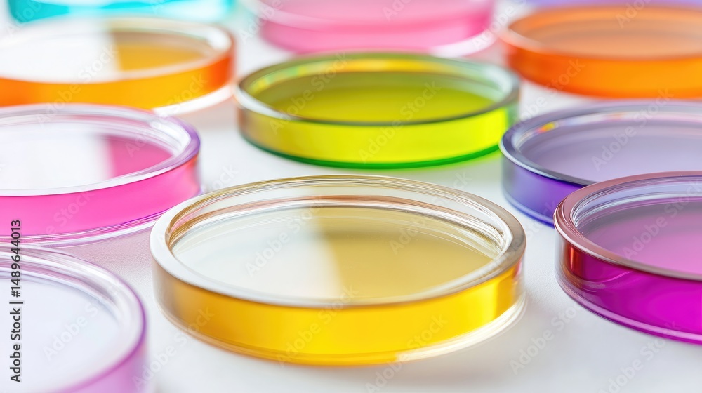 Colorful, translucent circular dishes, shallow depth of field, vibrant hues Colorful, translucent circular dishes, shallow depth of field, vibrant hues